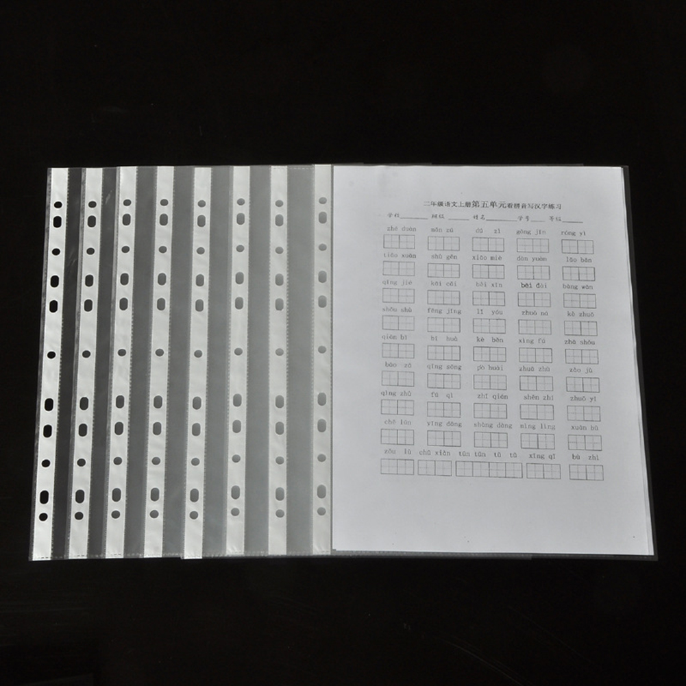 100Pcs A4 Plastic Punched Pockets Folders Filing 11 Holes Loose Leaf Documents Sheet Protectors Transparent Folder Bag