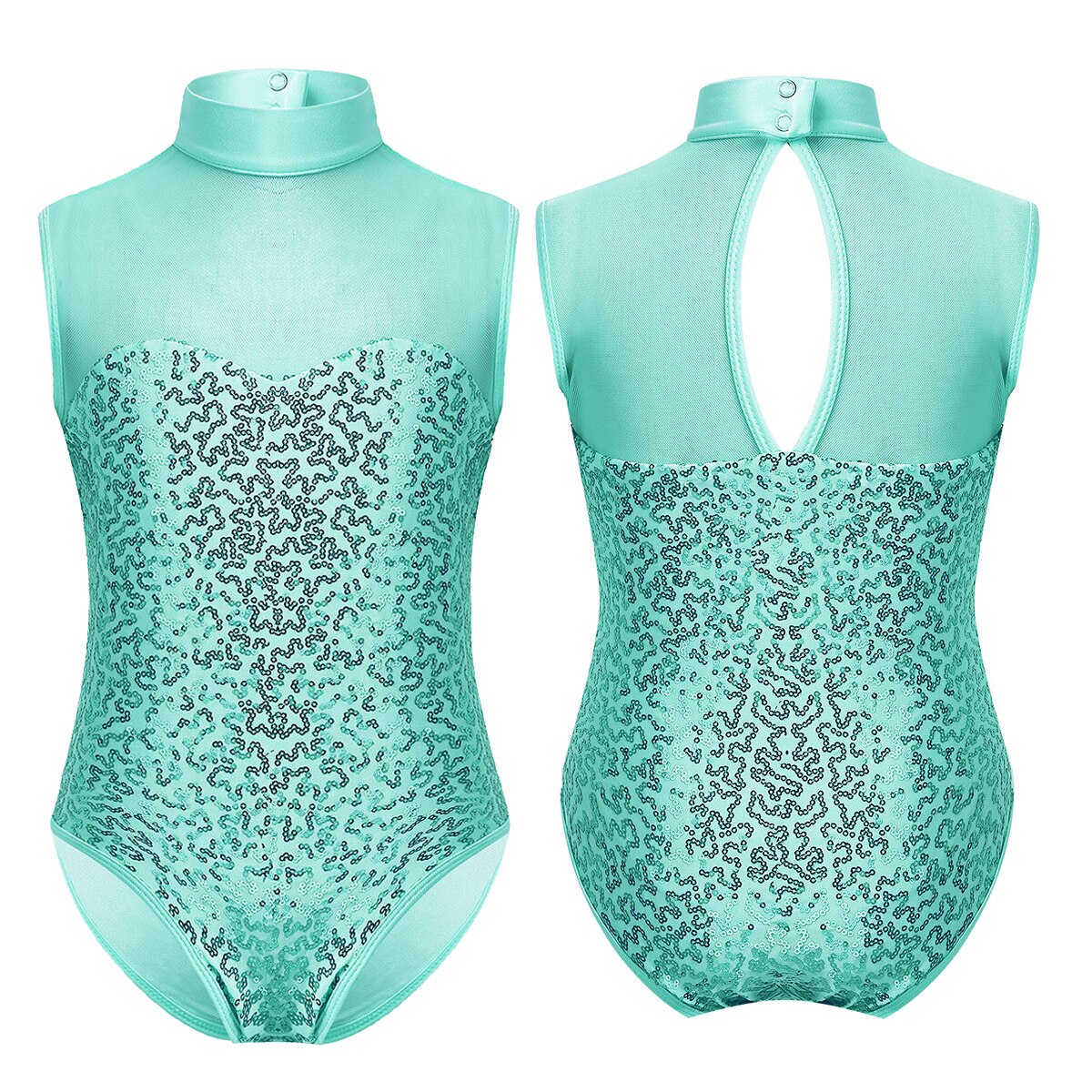 Kids Girls Gymnast Leotard Sequins Sleeveless Tulle Splice Keyhole Back Teens Ballet Gymnastics Leotard Dance Gymnastic Jumpsuit: Mint Green / 8