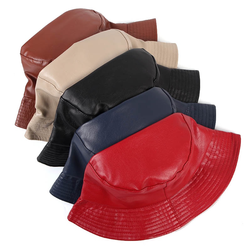 Women's Leather Bucket Hat Korea Style Black Red Woman Bucket Hats gorra mujer Bob Chapeau Femme fisherman Cap