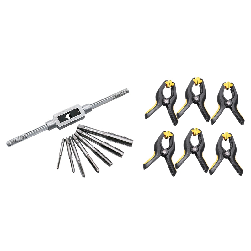 8 Pcs Thread Metric Machine Wrench Hand Screw Thread Plug Taps &amp; 6 Pcs 3.3Inch Plastic Clip Fixture Fastening Clamp: Default Title