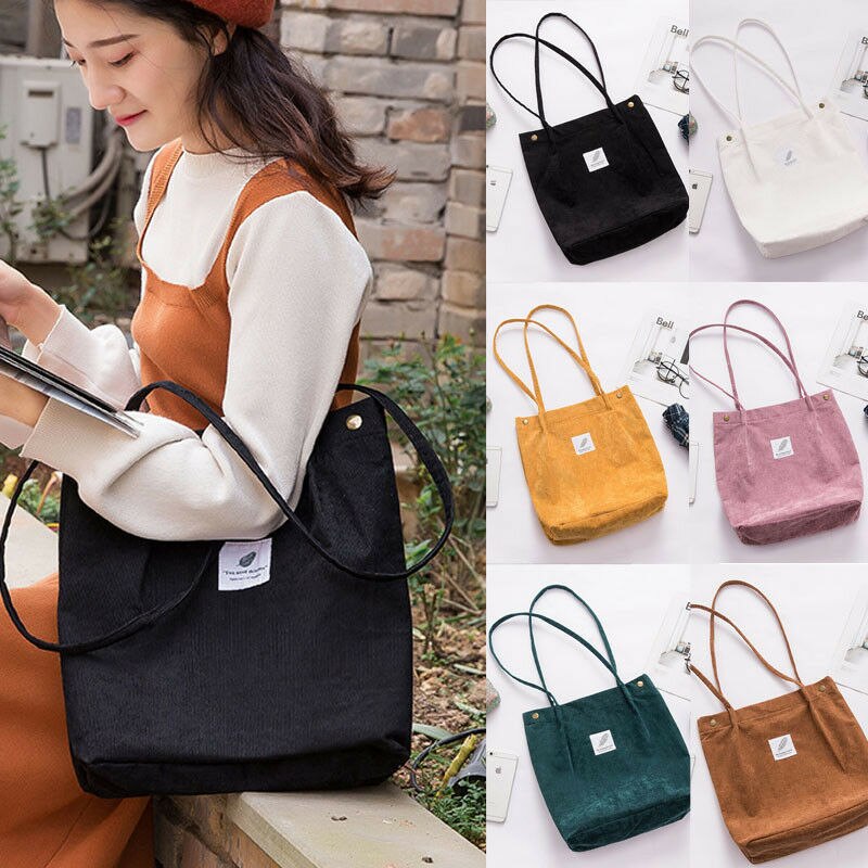 Women Canvas Tote Shopping Bags Large Capacity Handbag Corduroy Casual Ladies Shoulder Hasp Shopping Bag