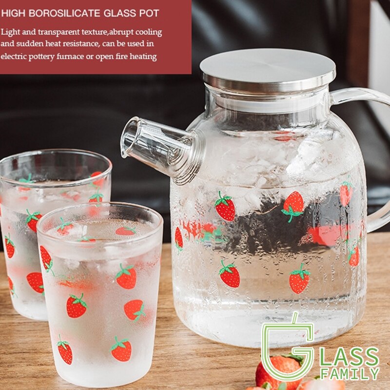 Glass Water Pitcher with Strawberry Pattern Glass Jug with Stainless Steel Lid and Filter Heat Resistant Carafe Glass Cup Set