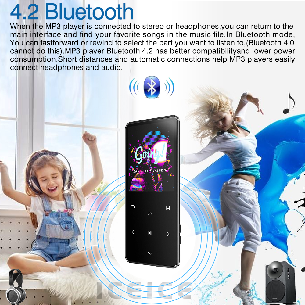 MP4 Player with Bluetooth Hifi player Portable Walkman Fm Radio Recording Built-in Speaker Touch Key 2.4 Inch Tft Screen 128GB