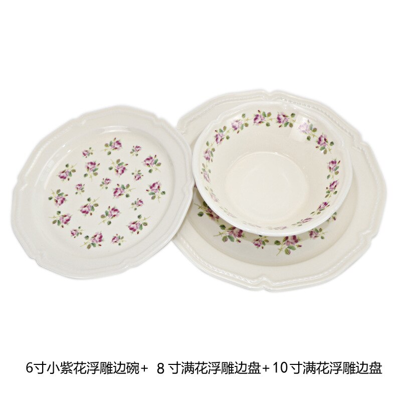 Français Antique décalcomanie Relief vaisselle assiette en céramique sous bol nourriture occidentale assiette Plate assiette à fruits saladier: 3 Full Flower Sets