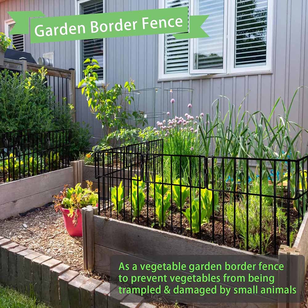 10 pack animal barrier fence, black coated steel rust resistant metal garden fence, dog and rabbit fence for outdoor use