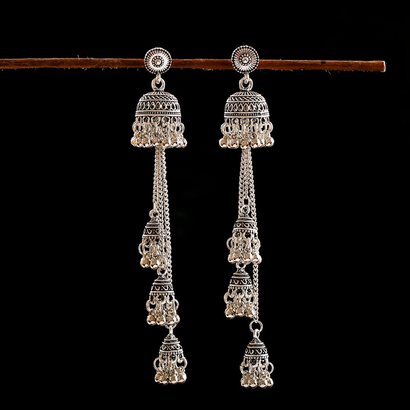 Ethnic Gold Afghan Long Tassel Bead Earrinngs Bollywood Jewellery Bell Jhumka Indian Earrings Wedding Jewelry