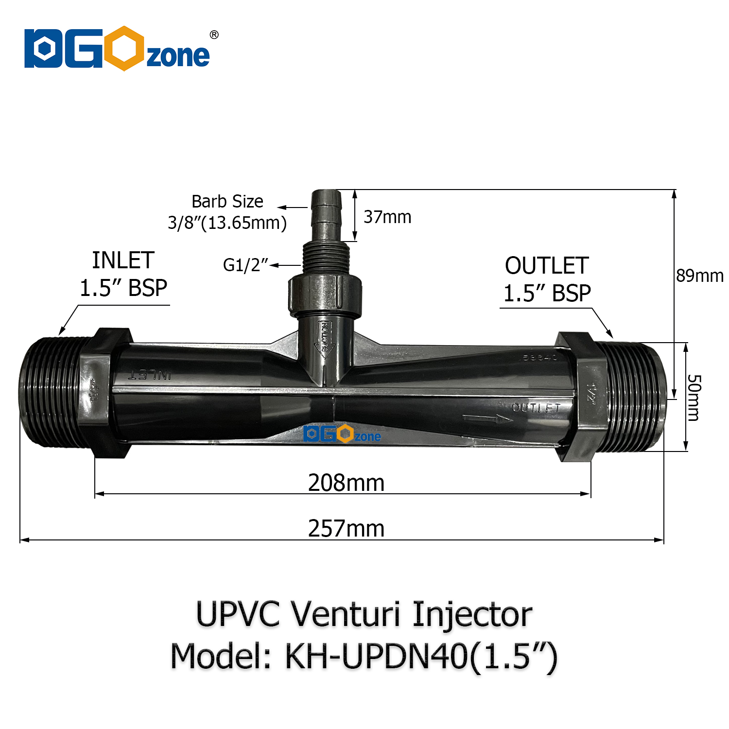 UPVC Venturi Injector for Mixing Liquid Venturi with Valve BSP thread 1/2" 3/4" 1" 1.25" 1.5" 2" DGOzone: grey