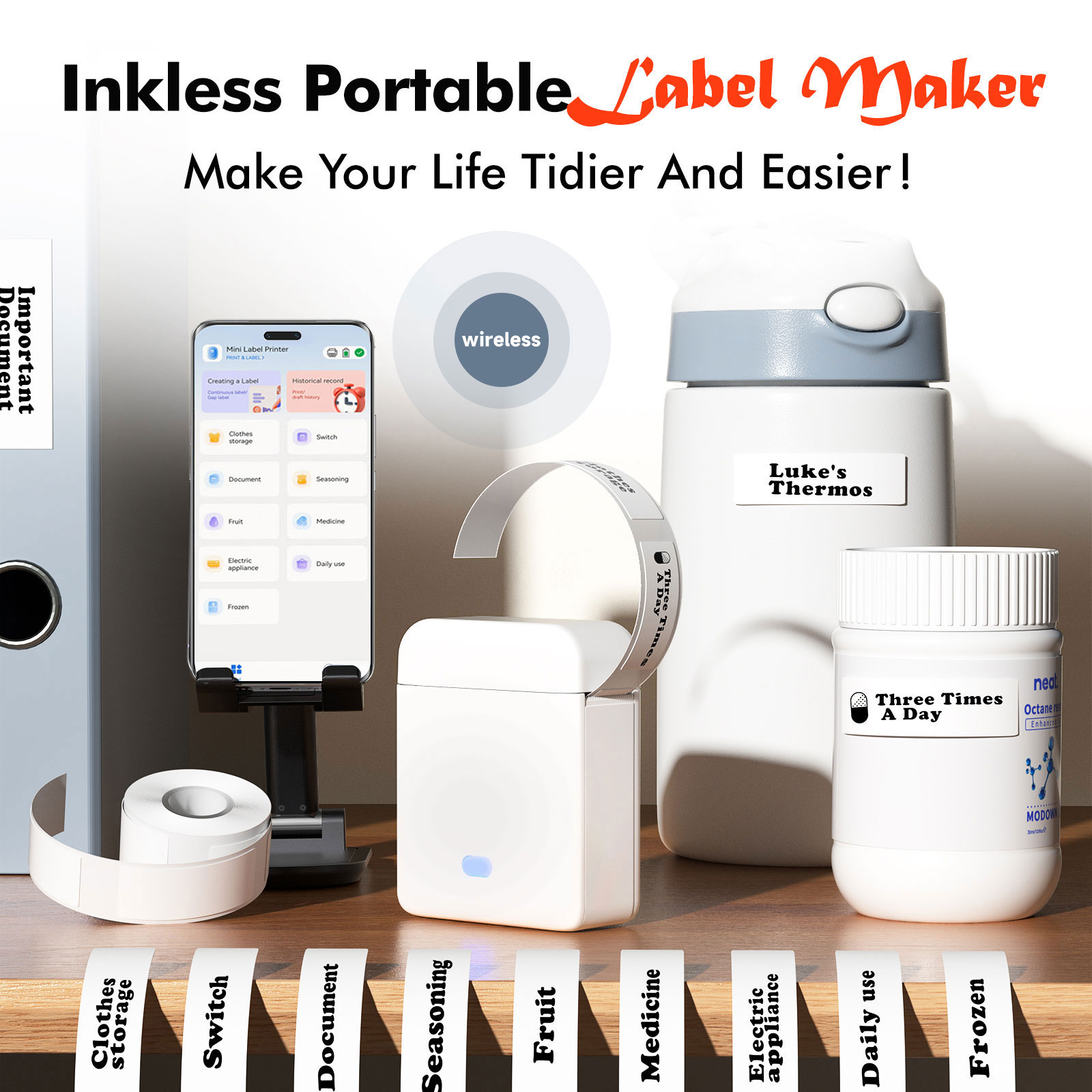 Mini Label Printer， Portable Thermal Printer ，Self-Adhesive Sticker Labeling Machine， Wireless Bluetooth，Inkless Printer