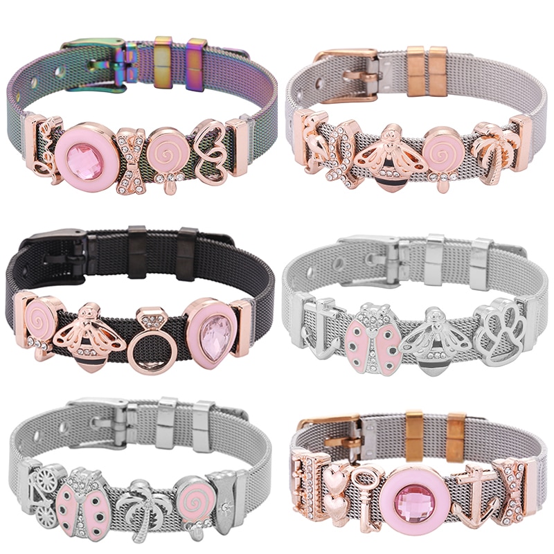 Stainless Steel Pink Lollipop Bracelet For Women Mesh Bracelet Set Crystal Bees Charm Fine Bracelets Bangles for Female Lover