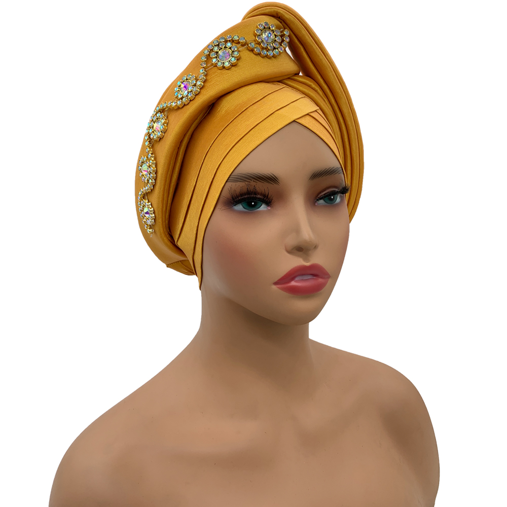 Diamanter turban kasket til kvinder afrikansk dame hovedbeklædning nigeria auto gele hovedbind bryllupsfest hovedbeklædning turbante mujer: Lys oliver