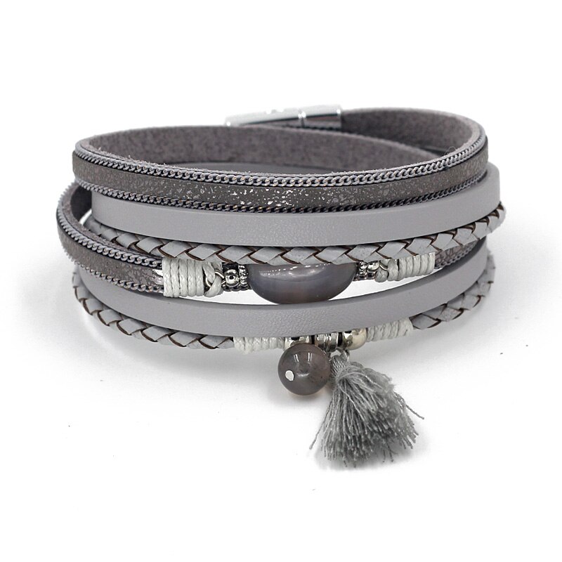 Vonnor Lederen Armbanden Voor Vrouwen Boho Sieraden Charm Natuursteen Kwastje Wrap Armband Vrouwelijke: B9005f Grey