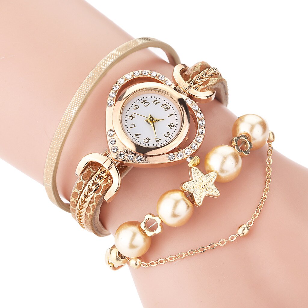 Women Vintage Bracelet Watches Shining Pearl Bracelet Dial Analog Quartz Wrist Watch Clock Ladies Watches