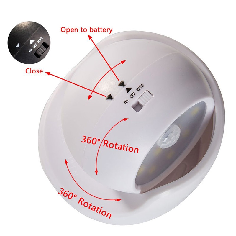 Sans fil capteur de mouvement lumière 9 LED AAA alimenté par batterie 360 degrés Rotation nuit lumière mouvement LED intérieur extérieur applique murale