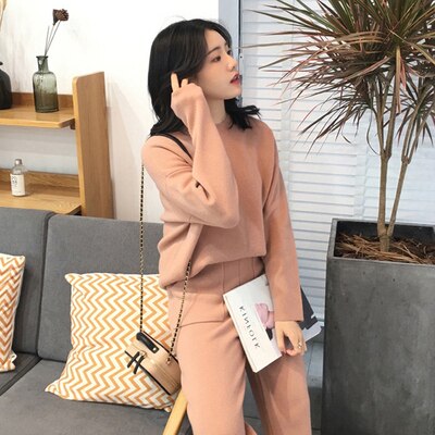 Women Cashmere Sweater Two Piece knitted Sets Slim Tracksuit Spring Autumn Sweatshirts Sporting Suit Female: Pink / L