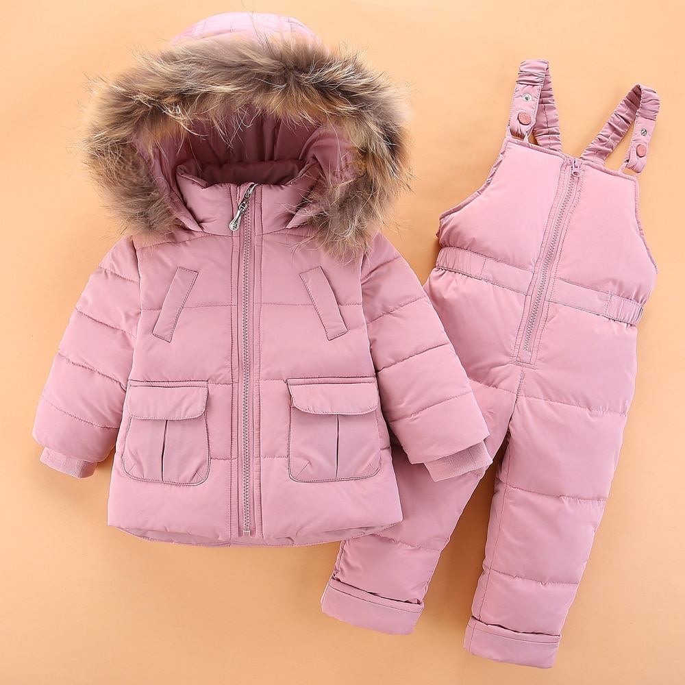 Kinderen 2-4Y Winter Witte Eendendons Kleding Sets Baby Meisje Overalls Ski Sneeuw Pak Voor Jongens Kids Natuur Bont jas + Broek: Roze / 4T