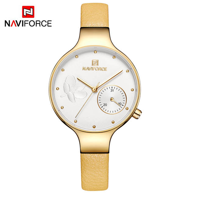 Naviforce Vrouwen Mode Blue Quartz Horloge Lady Lederen Horlogeband Casual Waterdicht Horloge Voor Vrouw