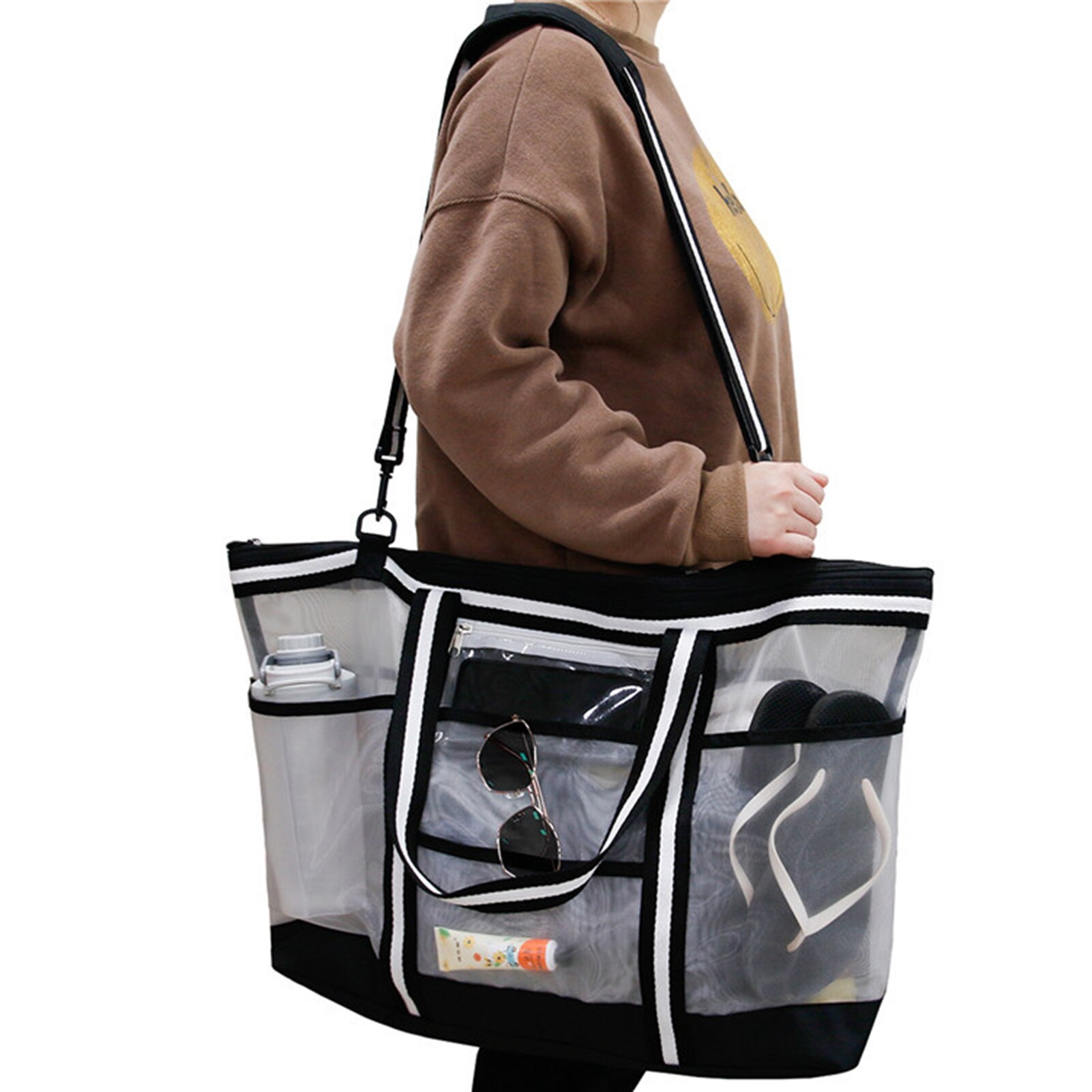 Nylon Mesh Beach Bags Multi-pocket Swimming Sport Tote Picnic Bag Outdoor Beach Foldable Seashell Bag Sundries Organizer