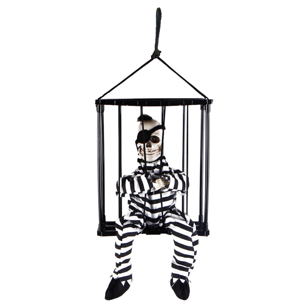 Halloween Hanging Voice-Control Skeleton Prisoner Dressing With Prison Clothes Red Glowing Eye The Skull In Prison shout Decor: A