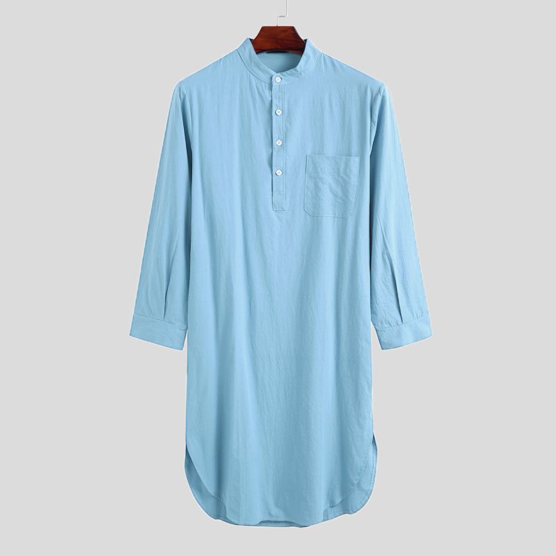 Abaya-Robe musulmane à manches longues pour homme, chemise de nuit en coton, longueur genou, tunique arabe, chemises noires, jubba, thobe blanc: M / Cyan
