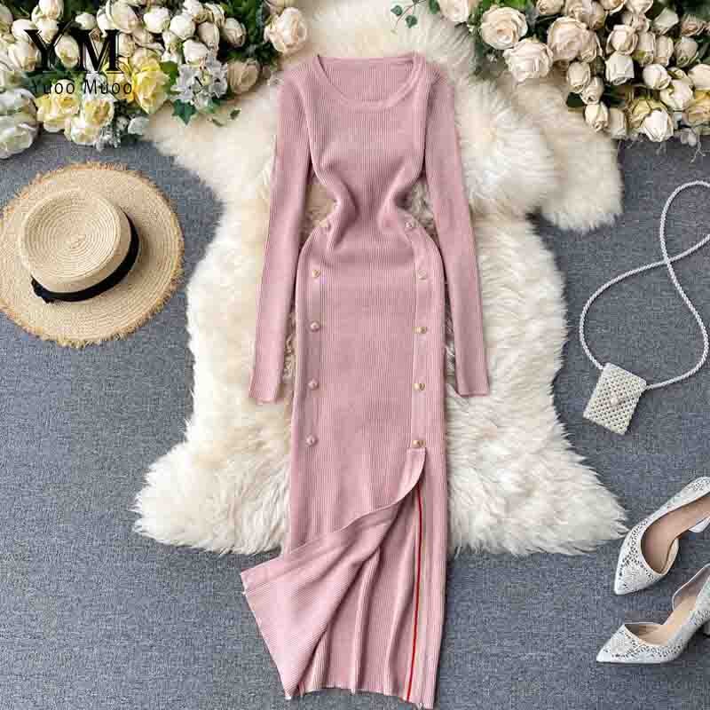 Yuoomuoo Elegante Vintage Double-Breasted Office Dames Jurk Herfst Winter Gebreide Lange Jurk Vrouwelijke Split Bodycon Jurk: Roze