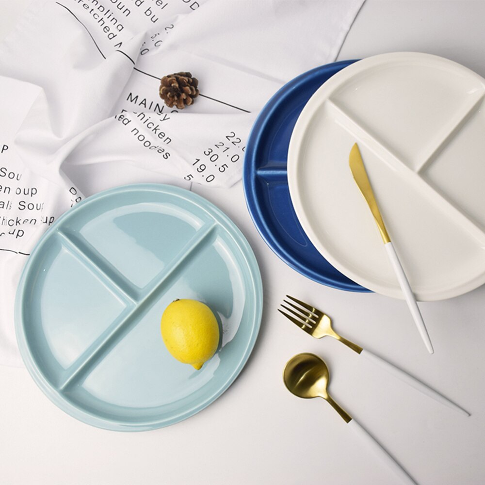 1PC Round Ceramic Plates 10 Inches Three Compartments Tableware Bone China Plate Porcelain Plate for Kitchen
