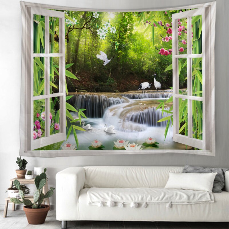 3D window beautiful scenery tapestry wall hanging green bamboo forest waterfall tapestry gng cloth bedroom living room dormitory