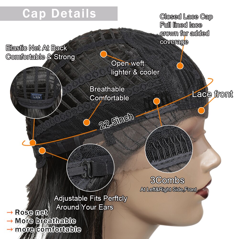 Peluca corta de pelo liso de 14 pulgadas con encaje frontal sintético, resistente al calor, con raya lateral y cabello negro, expo city.