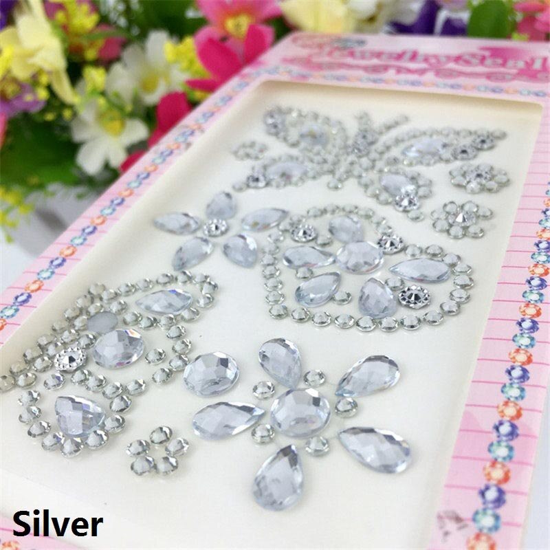 1 set 17*8.5 cm Vlinder Kroon Thema Acryl Strass Telefoon PC Art Diy Decal zelfklevende Steentjes scrapbooking Stickers: Silver