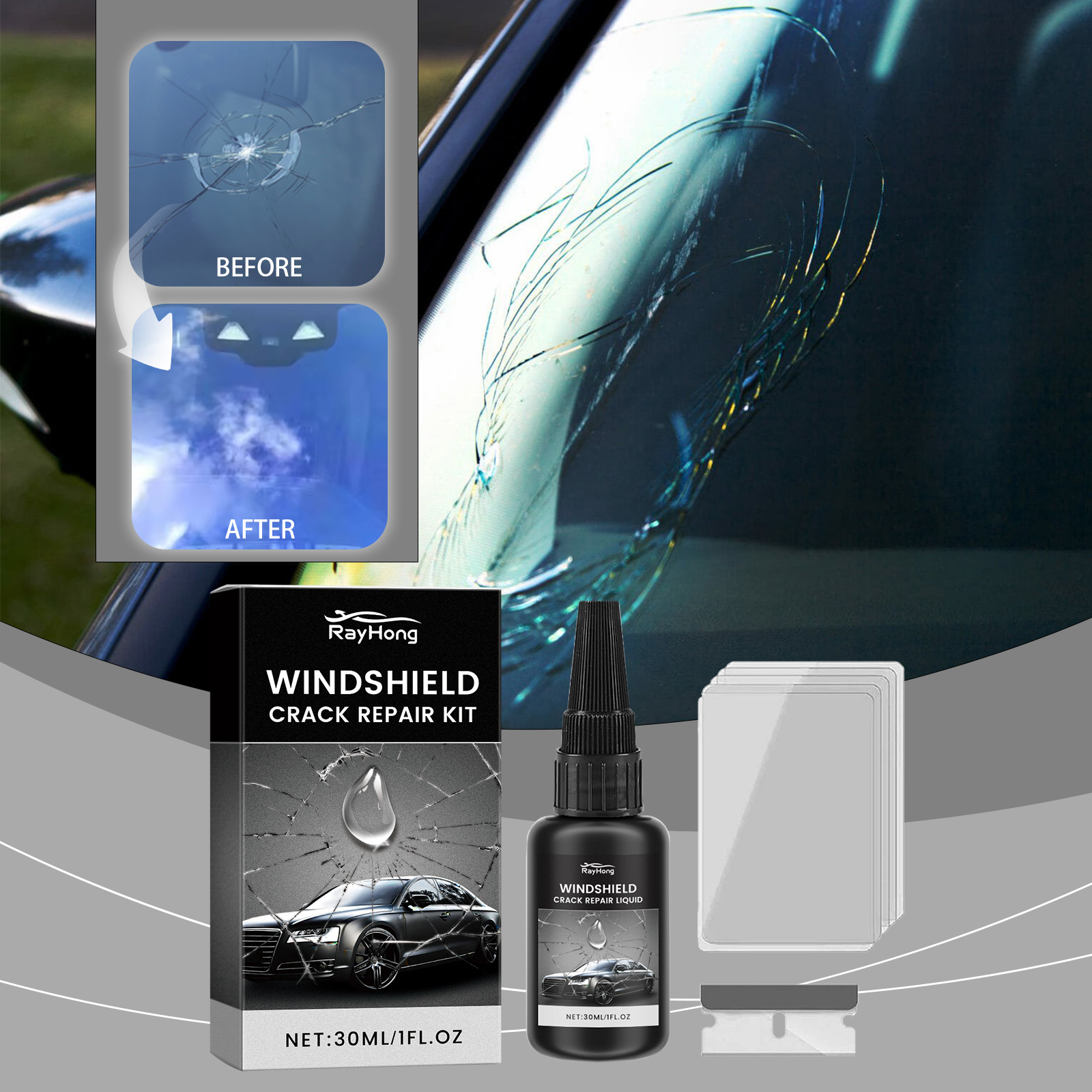 30ml kit de resina para reparo de vidro de carro, nano fluido de reparo de vidro automotivo, kit de ferramentas para rachaduras em resina de para-brisa de carro, fluido de reparo de janela de carro