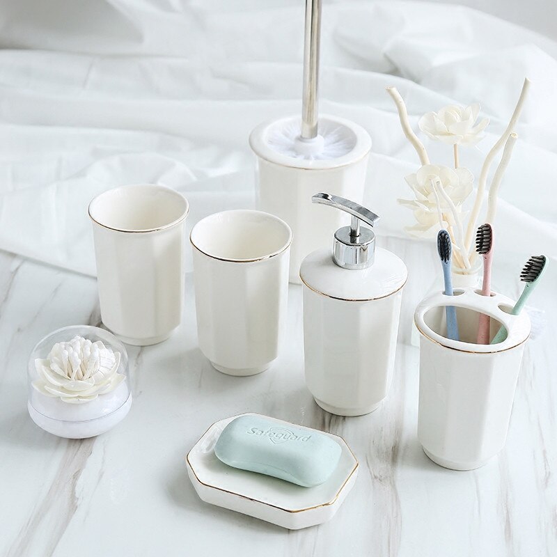 Keramische Badkamer Accessoires Set Bad Douche Wassen Pak Wc Reinigingsborstel Lotion Zeepdispenser Tandenborstelhouder Zeep Lade