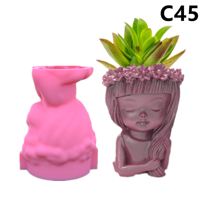 Sweet Girls Clay Flowerpot Silicone Mold Art Sculpture Flower Pot Concrete Cement Resin Molds Pen Storage Box Making Mould: C45