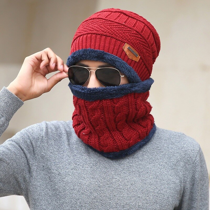 Conjunto de gorros de lana de Coral para hombre, bufanda cálida y transpirable, gorro de punto de lana con letras, gorro de doble capa, para invierno, Uds.: man red