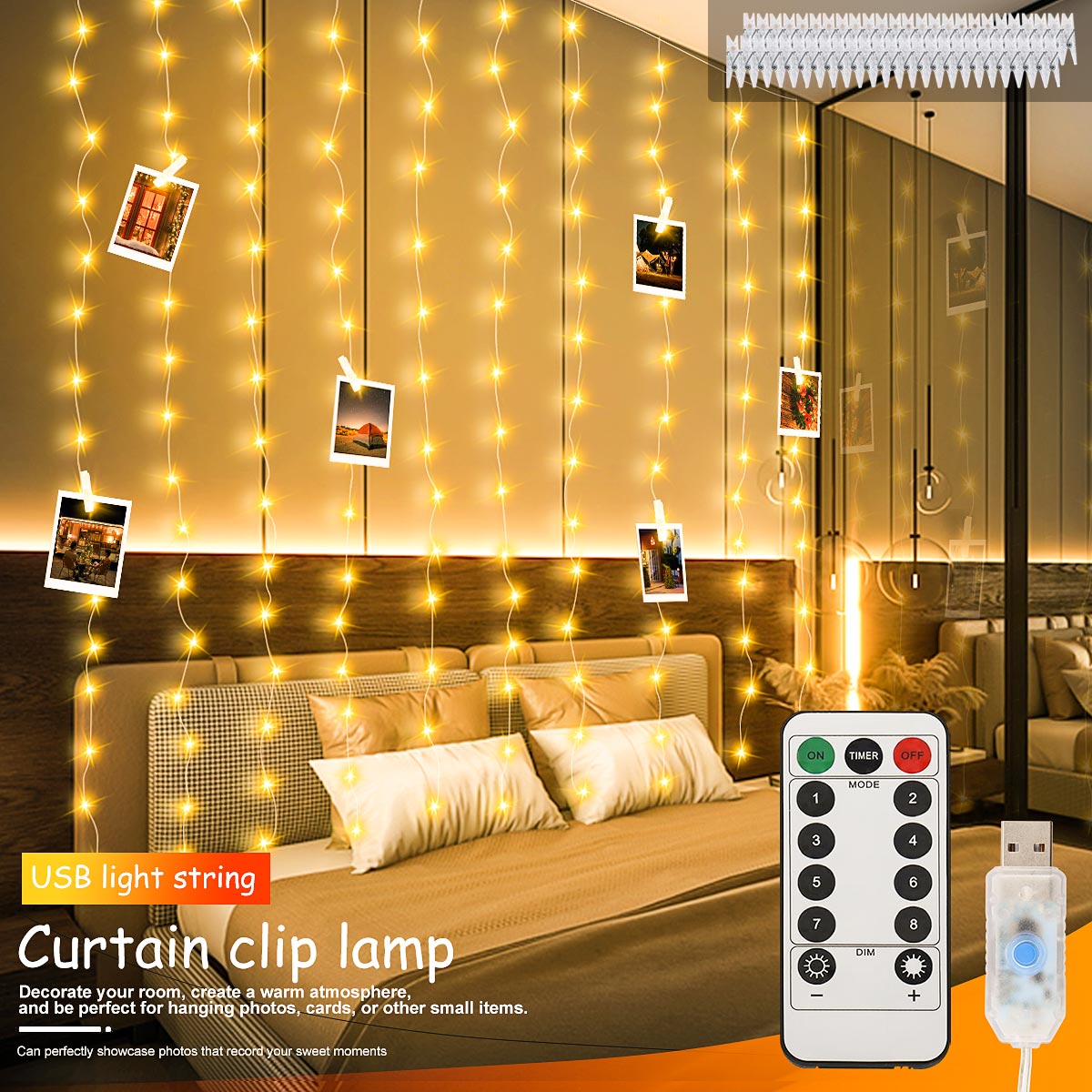 Guirnaldas de cortina con Clip para fotos, LED USB con 20 ganchos, 8 modos de luces para pared, dormitorio, , boda, decoraciones navideñas DIY