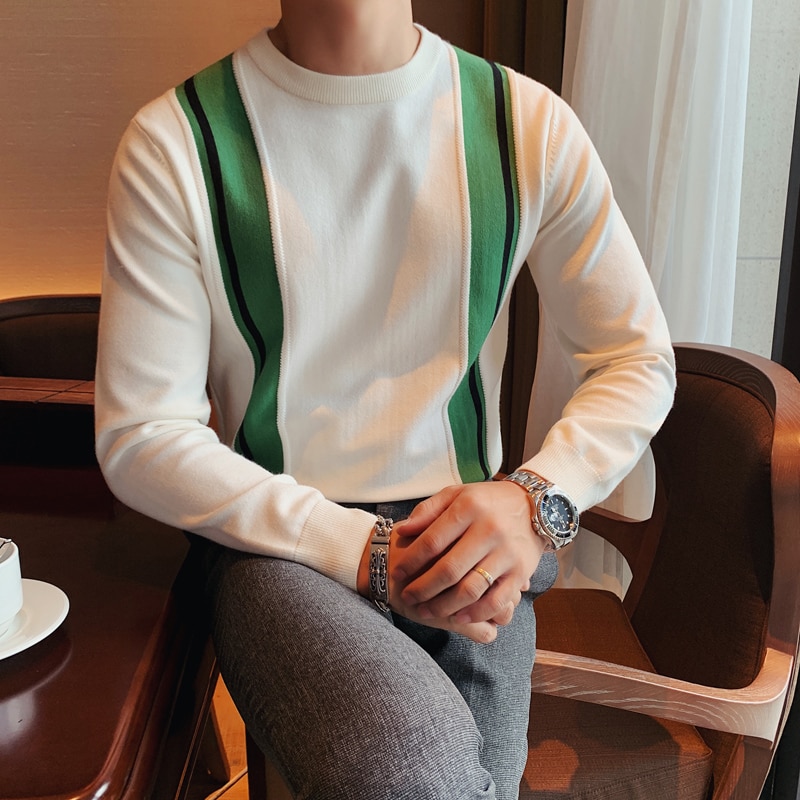 Brittisk stil höst vinter tröja herr långärmade tröjor herr stickade tröjor patchwork färg o-neck pull homme