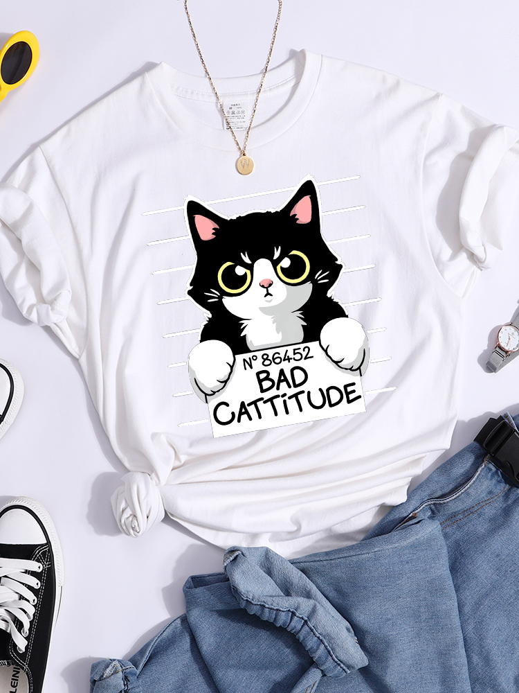 No86452 Slechte Cattitude Grappige Kat Womens T-shirt Casual Sport T Shirts Ademende Zomer Tee Shirt Street Creativiteit T-shirt Vrouwen