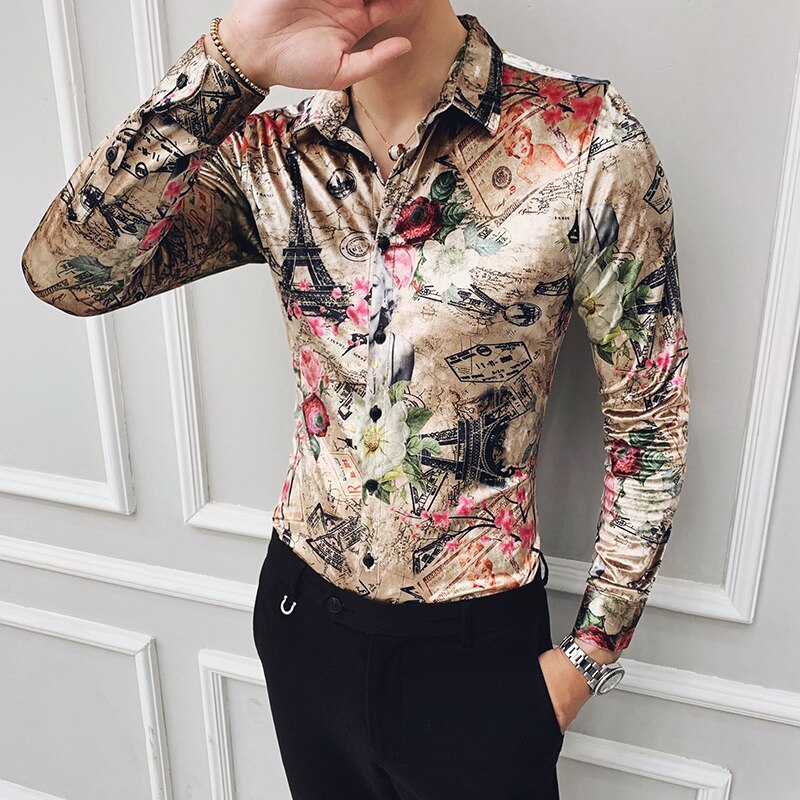 Camisas de terciopelo de para hombre, vestido de con estampado de de invierno, camisas de manga larga, camisa informal barroca ajustada para hombre, camisa para de graduación