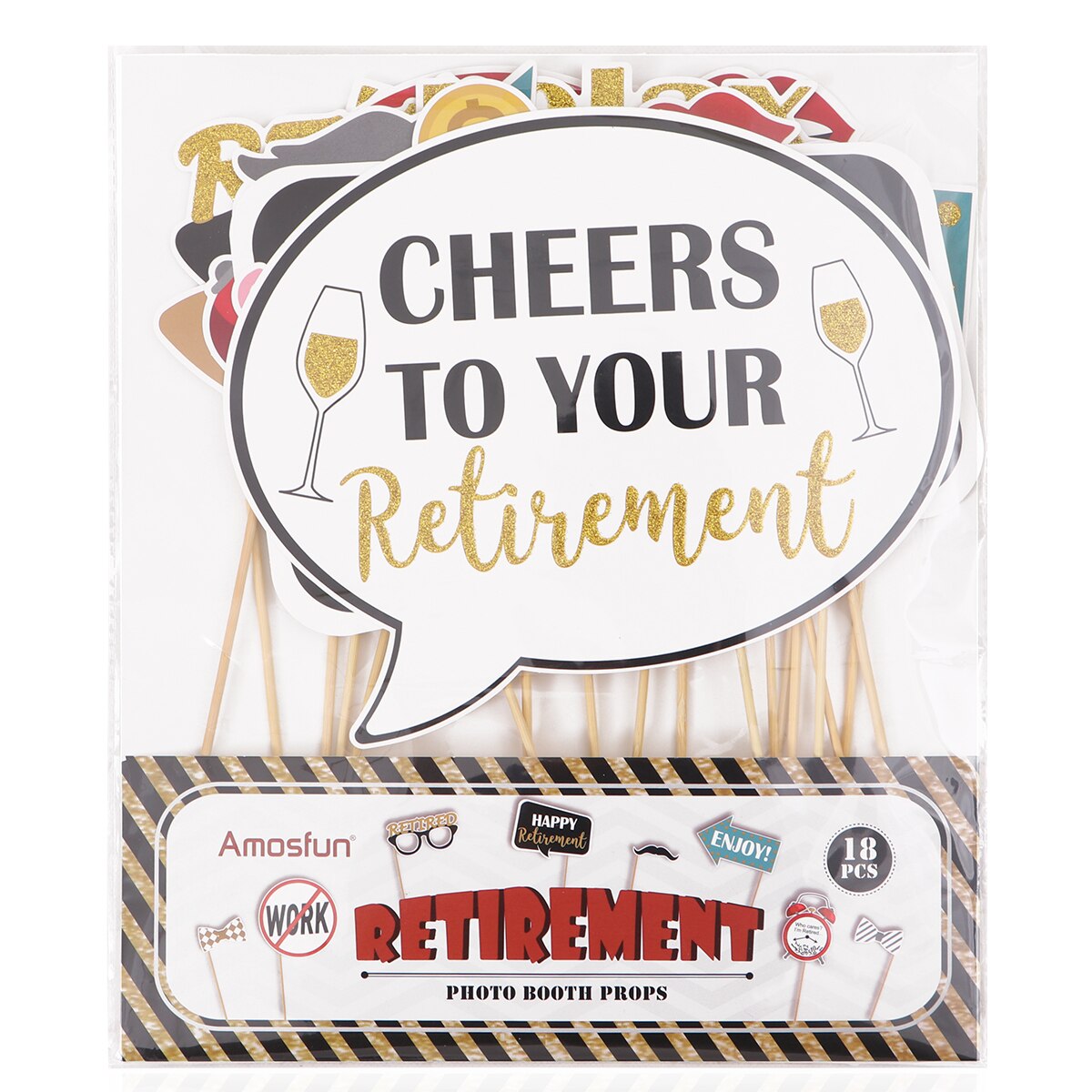 Amosfun 18PCS Retirement Photo Booth Props Kit Party Props Glittering Dress-up Supplies for Theme Party Favors Decorations