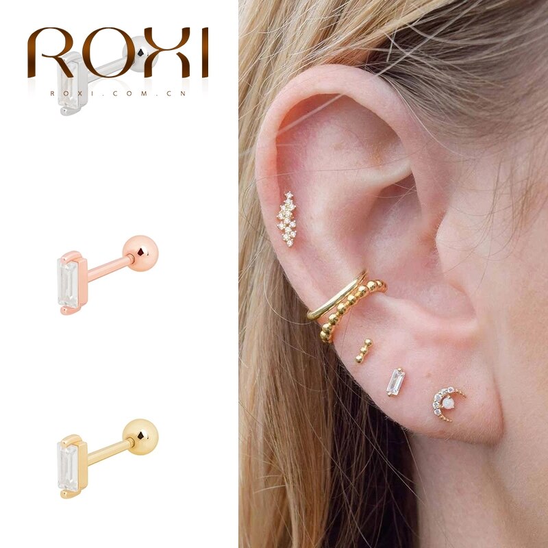 Roxi cool sølv 925 smykker gevind enkelt stige firkantet zirkon mini øreringe til kvinder piercinger pendientes kolczyki
