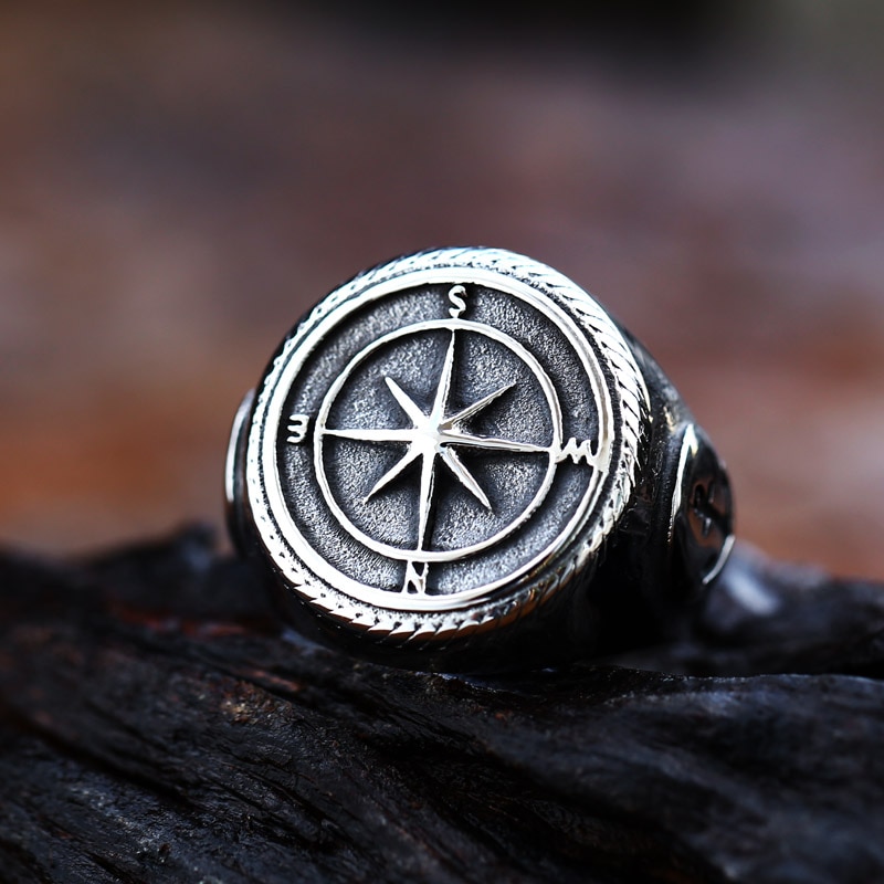 Beier Updated 316L Stainless Steel Compass Ring Axe Gothic Viking Ring Amulet Jewelry