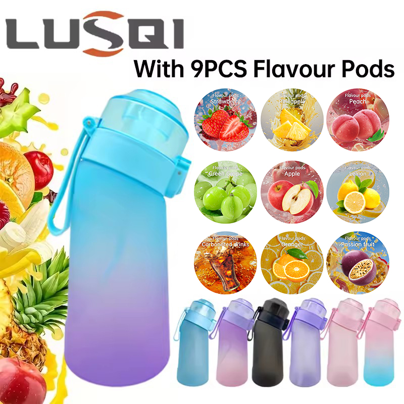 LUSQI 500 ml Luftgeschmack-Wasserflasche mit 9 Geschmacksringen, sportlicher, modischer Strohhalm für draussen-Sportaktivitäzehn