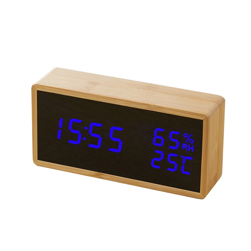 Modern Sound Control LED Alarm Clock Wooden Watch Despertador Temperature Humidity Electronic Desktop Digital Table Clocks: Blue LED Alarm Clock