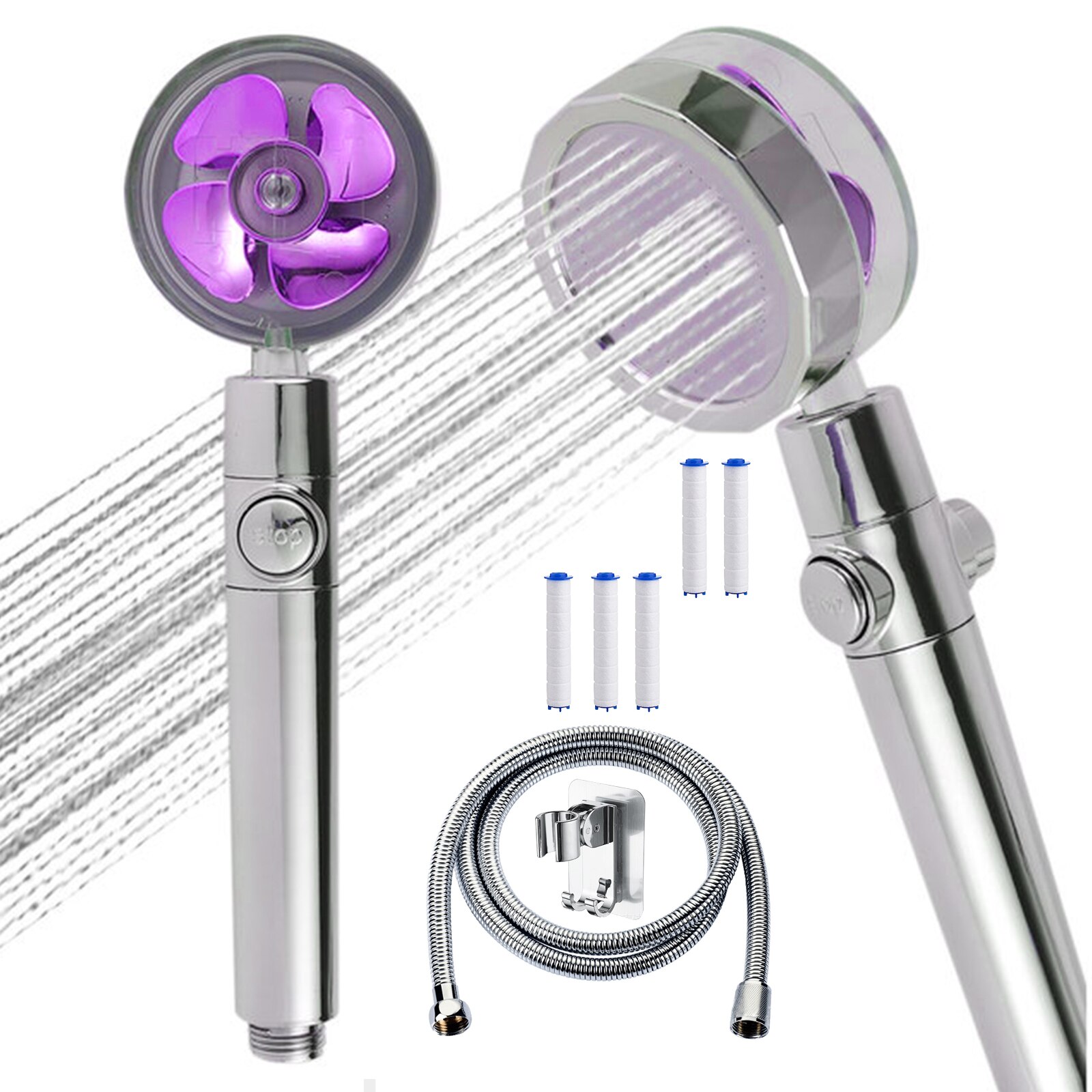 8Pcs Neerslag Turbo Douchekop Set Hoge Druk Regendouche Gedraaid Turbocharged Douche Met Ventilator 5 Filter Slang rack: 8PCS Purple