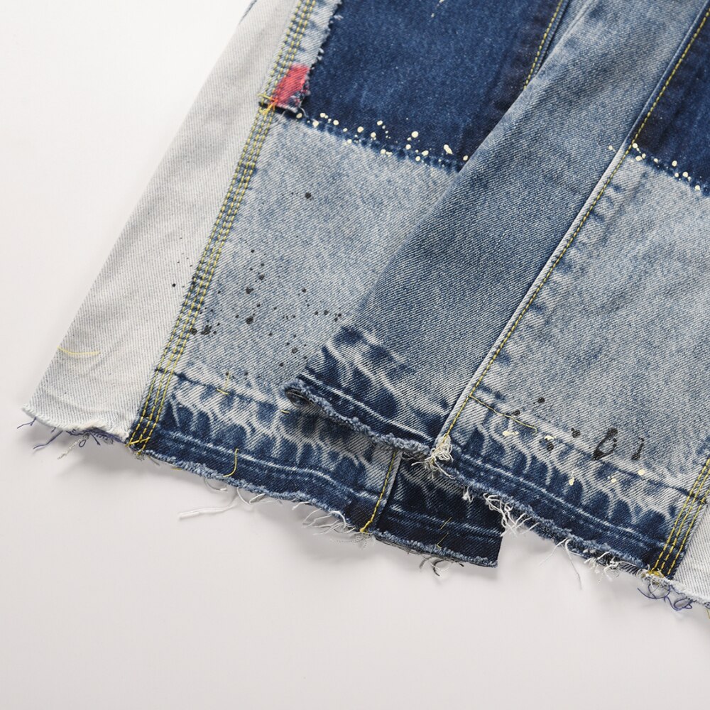 Blue Multicolor Paint Splatter Flared Jeans Men Deconstructed Patchwork Trousers Eight-Pocket Styling