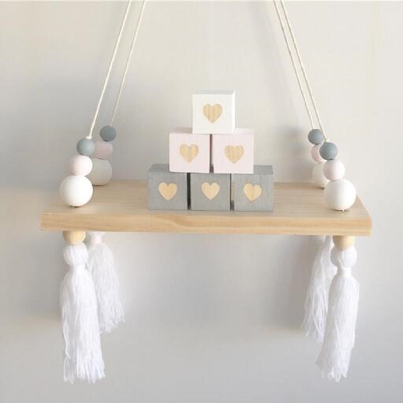 Wall Hanging Handmade Wood Rope Swing Storage Rack Kids Room Storage Holder Floating Display Shelves Wall Decoration: Pink