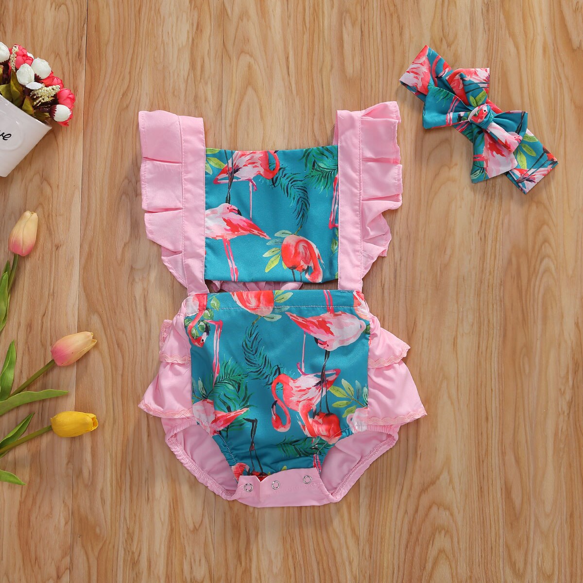 Verão infantil bebê meninas bodysuits bandana flores impressão babados manga curta macacões outfits