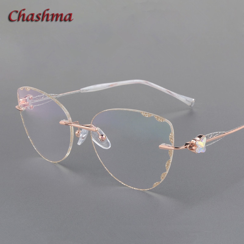 Chashma cat eye titanium prescrpiton briller diamant kvinder kantløse optiske stel tonede farvede linser