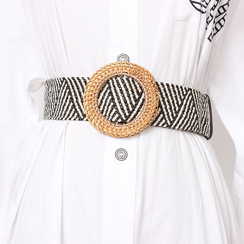 Vrouwen Gevlochten Riem Vrouwelijke Bohemian Gebreide Stro Ronde Vierkante Gesp Geweven Riem Voor Broek Dames Band Streep