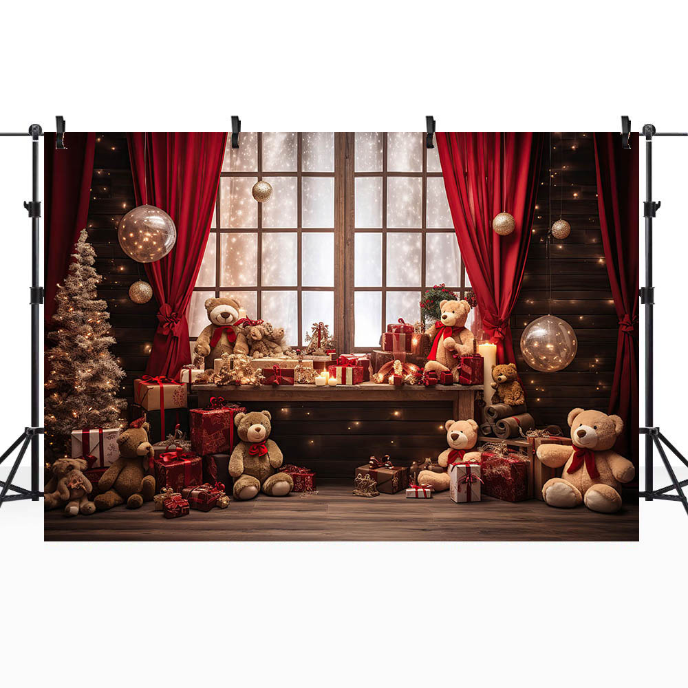 Mocsicka-cortinas rojas de fondo de Navidad, ventana, oso, Caja de , piso de madera, bebé, niño, fotografía, accesorios de estudio fotográfico