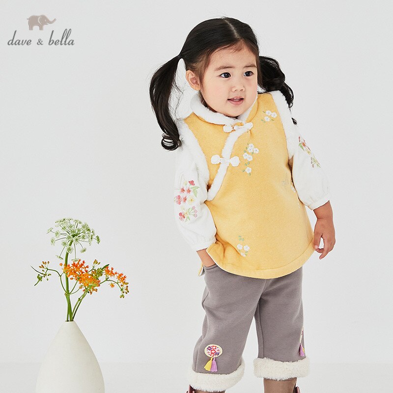 DBJ15558 Dave Bella Winter Kids Meisjes Chinese Stijl Bloemen Borduren Gewatteerde Jas Kinderen Mode Mouwloze Vest