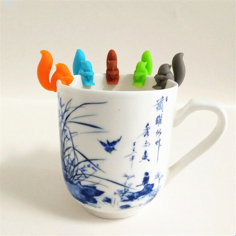 5PCs/ Lot Squirrels Shaped Silicone Tea Bag Hanging Tea Bags Pet Holder Wineglass Label Dolce Gusto Coffee Party Bar Supplie